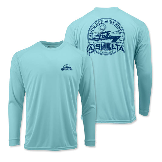 Chasing Horizons logo in Aqua Blue sun shirt