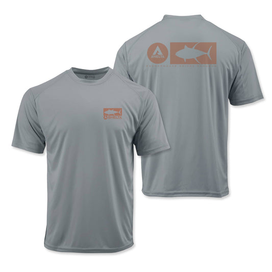 yellowfin logo in steel grey ss sun shirt